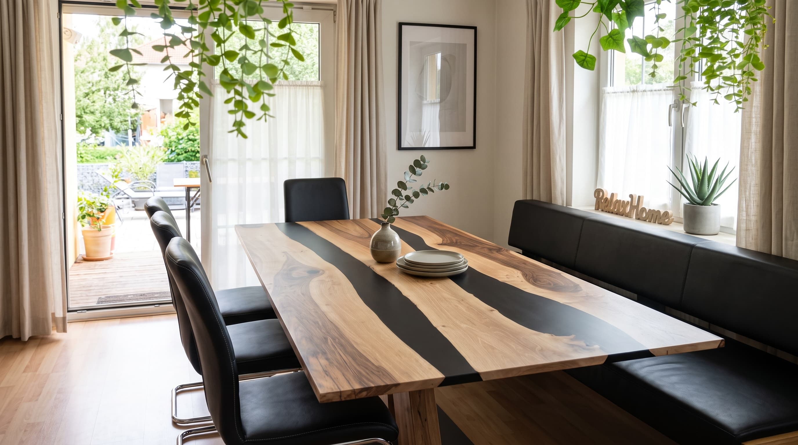 Nussbaum River Table: Esstisch aus Nussbaumholz mit Kunstharz-Fluss